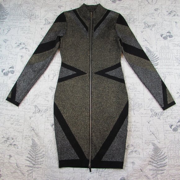 Karen Millen Metallic Bandage Knit Bodycon Dress Front Zip Gold Black UK S 4-6 - Picture 4 of 16